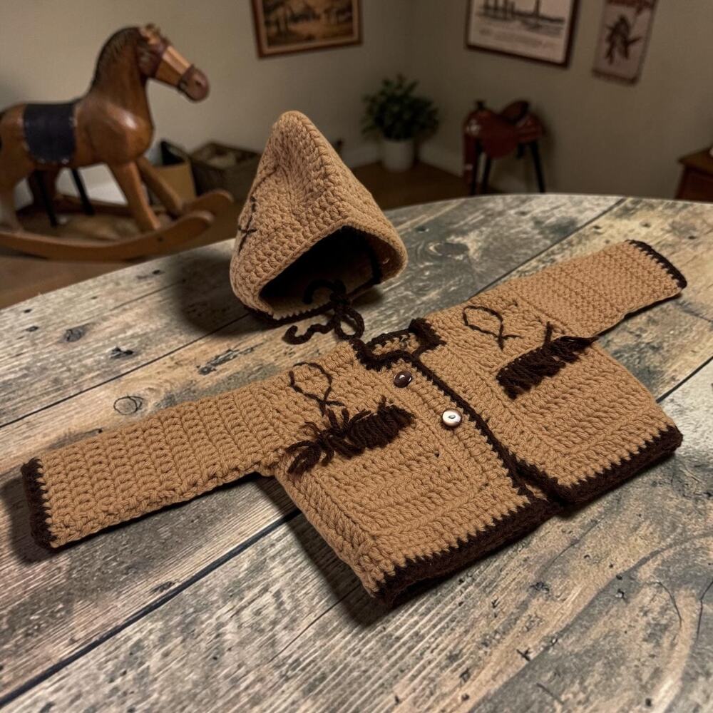 Handmade VTG Baby Newborn Size Crochet Tan & Brown Cardigan Sweater & Hat
